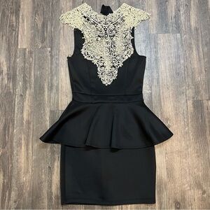 Women’s Black Peplum Dress Gold Embroidery Front Sleeveless Size S